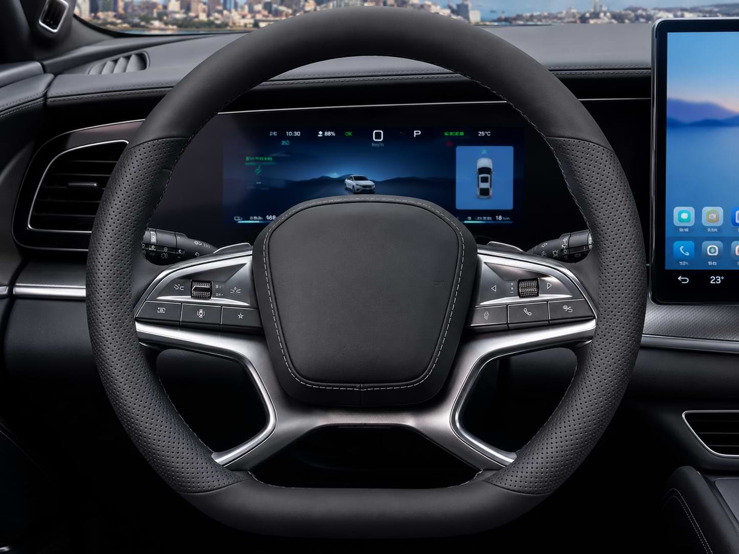 BYD Sealion 7 leather steering wheel cover installed on steering wheel inside 2024-2025 BYD Sealion 7 electric SUV.
