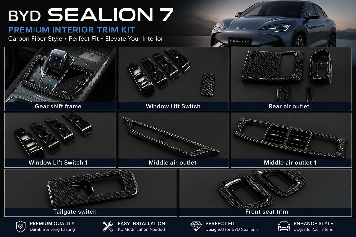 BYD Sealion 7 Premium Interior Trim Kit Carbon Fiber Style Dashboard Window Switch and Console Covers