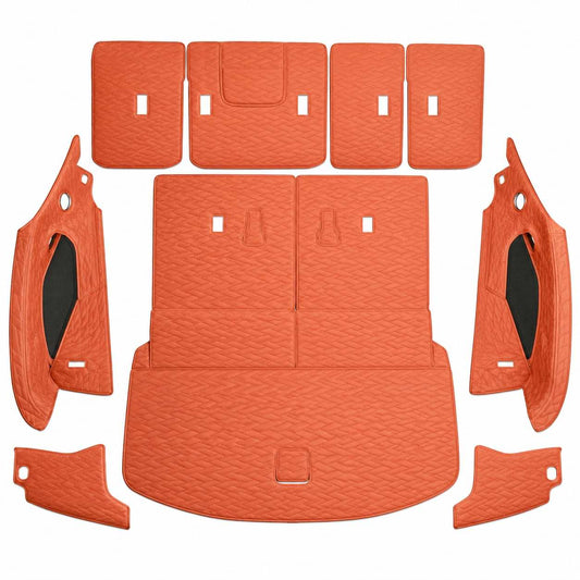 Premium custom-fit leather trunk mat and backrest pad set designed for the 2025–2026 BYD Sealion 8 (Atto 8) and BYD Tang L, providing full cargo area protection with a luxury quilted finish.