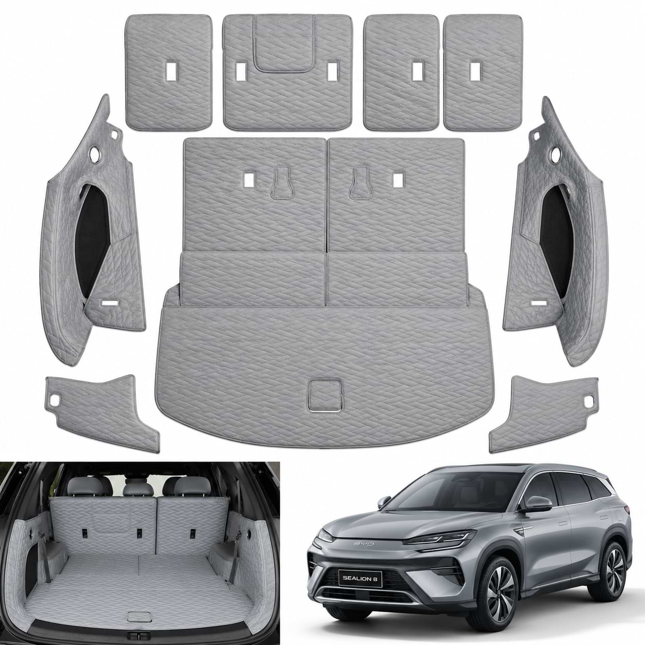 custom-fit leather trunk mat and backrest pad set designed for the 2025–2026 BYD Sealion 8 (Atto 8) and BYD Tang L, providing full cargo area protection with a luxury quilted finish.