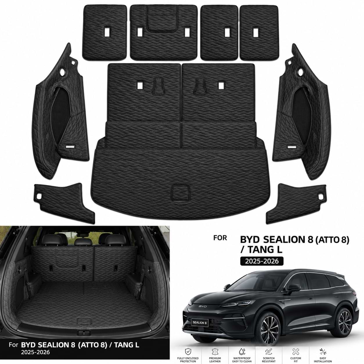 custom-fit leather trunk mat and backrest pad set designed for the 2025–2026 BYD Sealion 8 (Atto 8) and BYD Tang L, providing full cargo area protection with a luxury quilted finish.