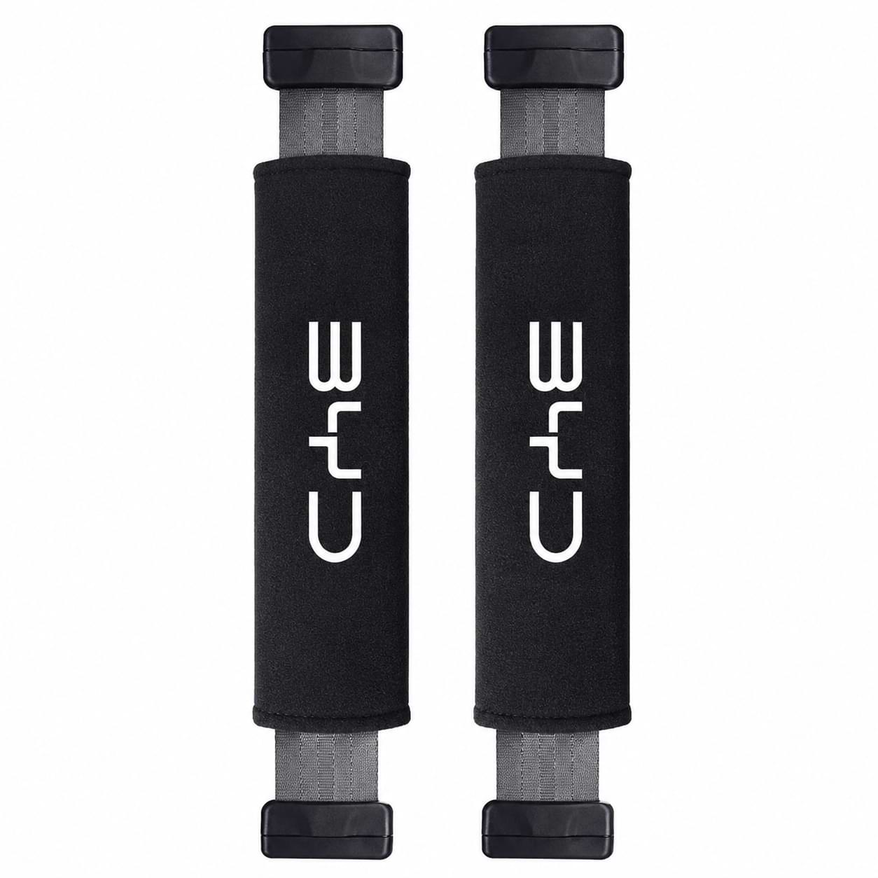 Black BYD car seat belt shoulder cover pads installed on vehicle seat belts for added driving comfort and interior protection.