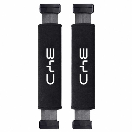 Black BYD car seat belt shoulder cover pads installed on vehicle seat belts for added driving comfort and interior protection.