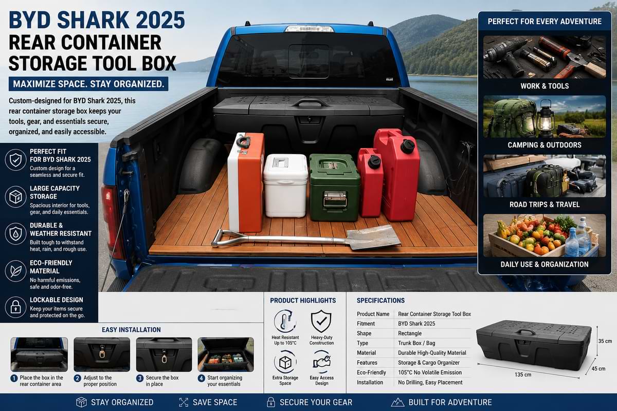 BYD Shark 2025 pickup truck bed with rear container storage tool box and organized cargo equipment