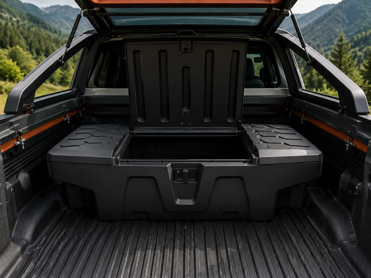 byd shark Open cargo area of a vehicle with a black storage box in a mountainous 