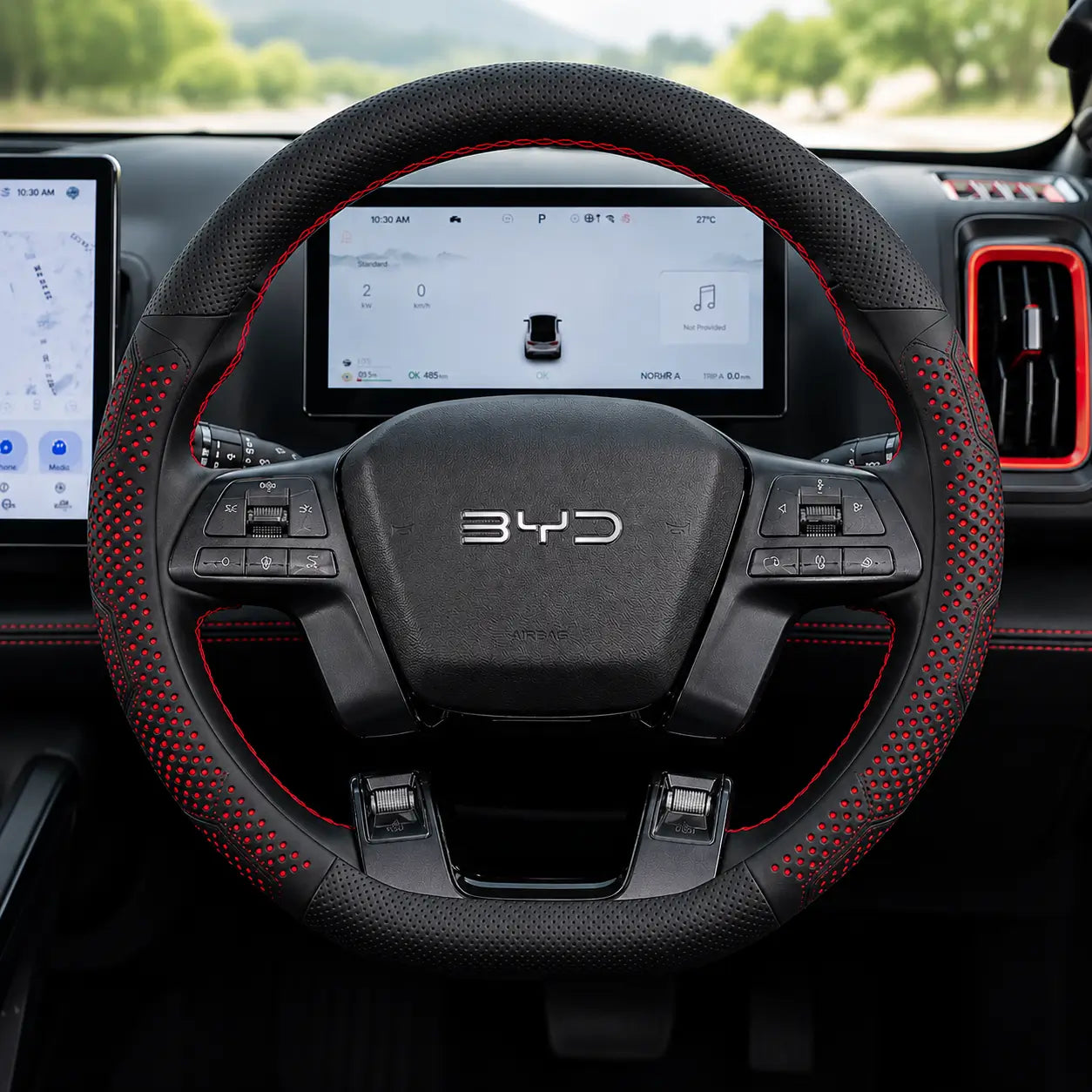 Leather steering wheel cover installed on BYD Shark 6 (2024–2025) with anti-slip breathable faux leather and black orange stitching.