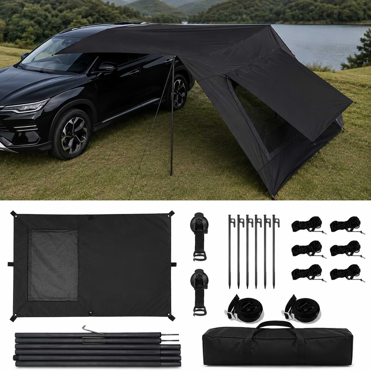 Waterproof Car Awning Tent with Mesh Skylight for BYD Atto 3, Sealion 7 & Shark 6