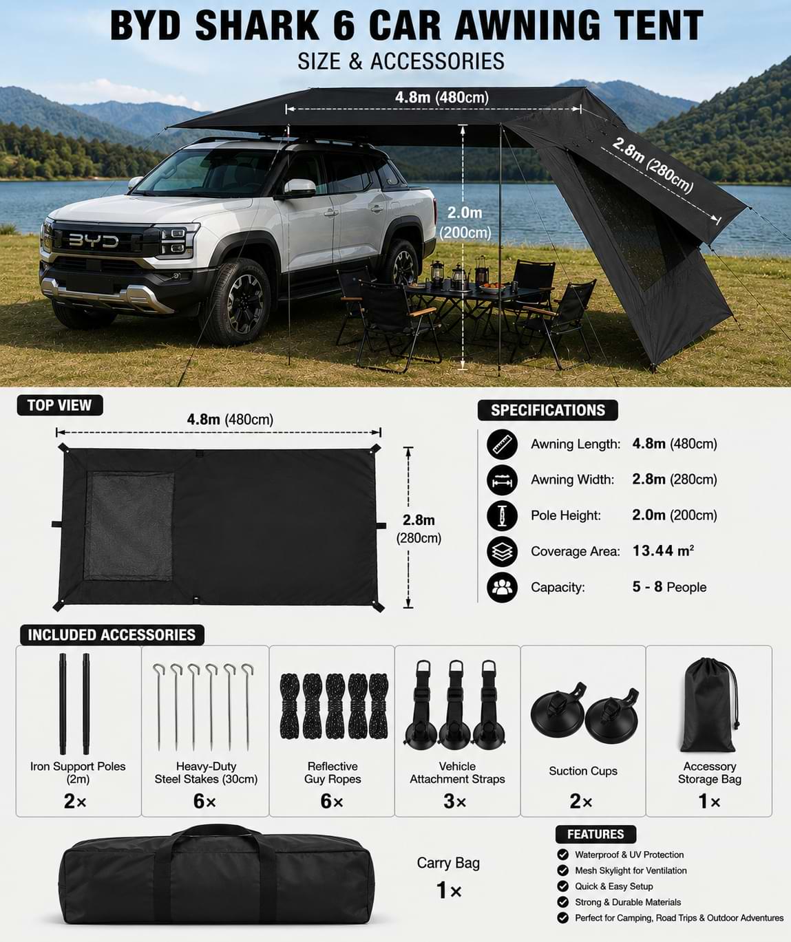 BYD Shark 6 camping awning tent size guide showing 4.8m by 2.8m shelter dimensions, 2m support poles, and included camping accessories