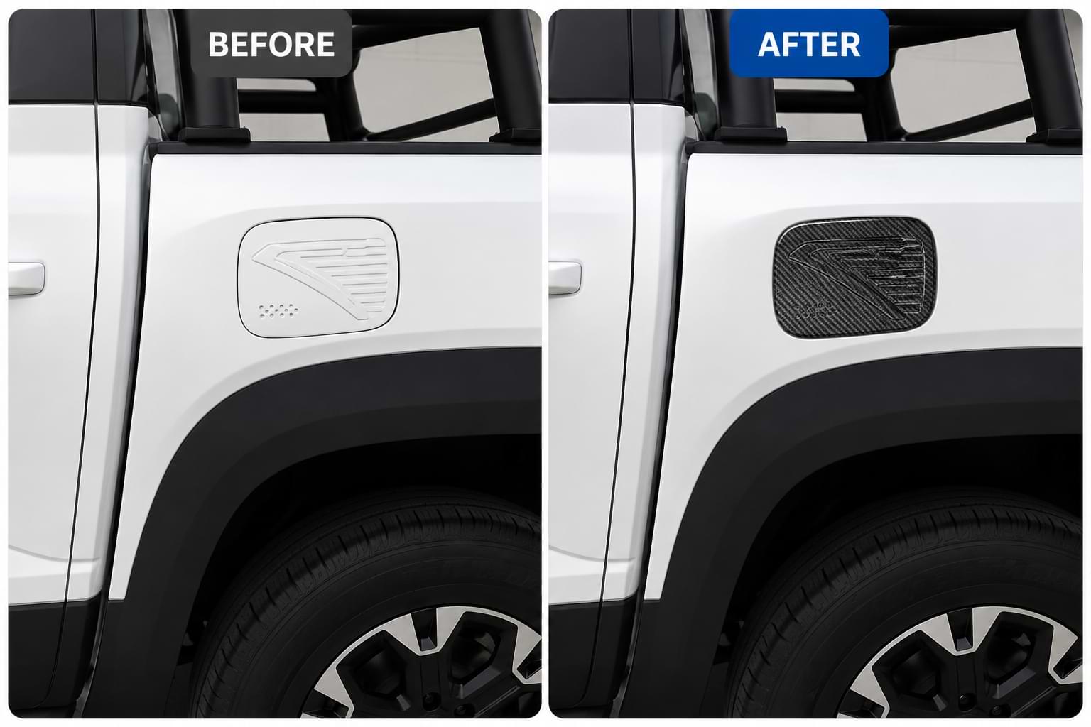 Before and after comparison of BYD Shark 6 fuel tank cap cover with carbon fiber decorative trim installed