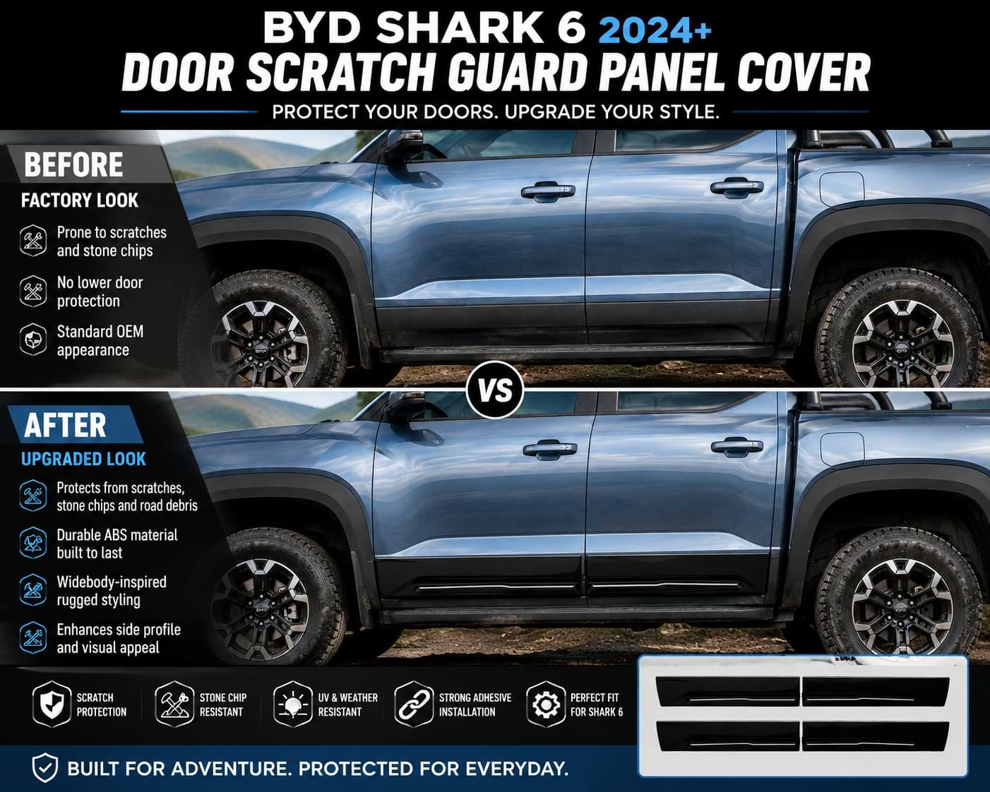 BYD Shark 6 2024 Door Scratch Guard Panel Cover ABS Lower Door Trim Protector Widebody Kit