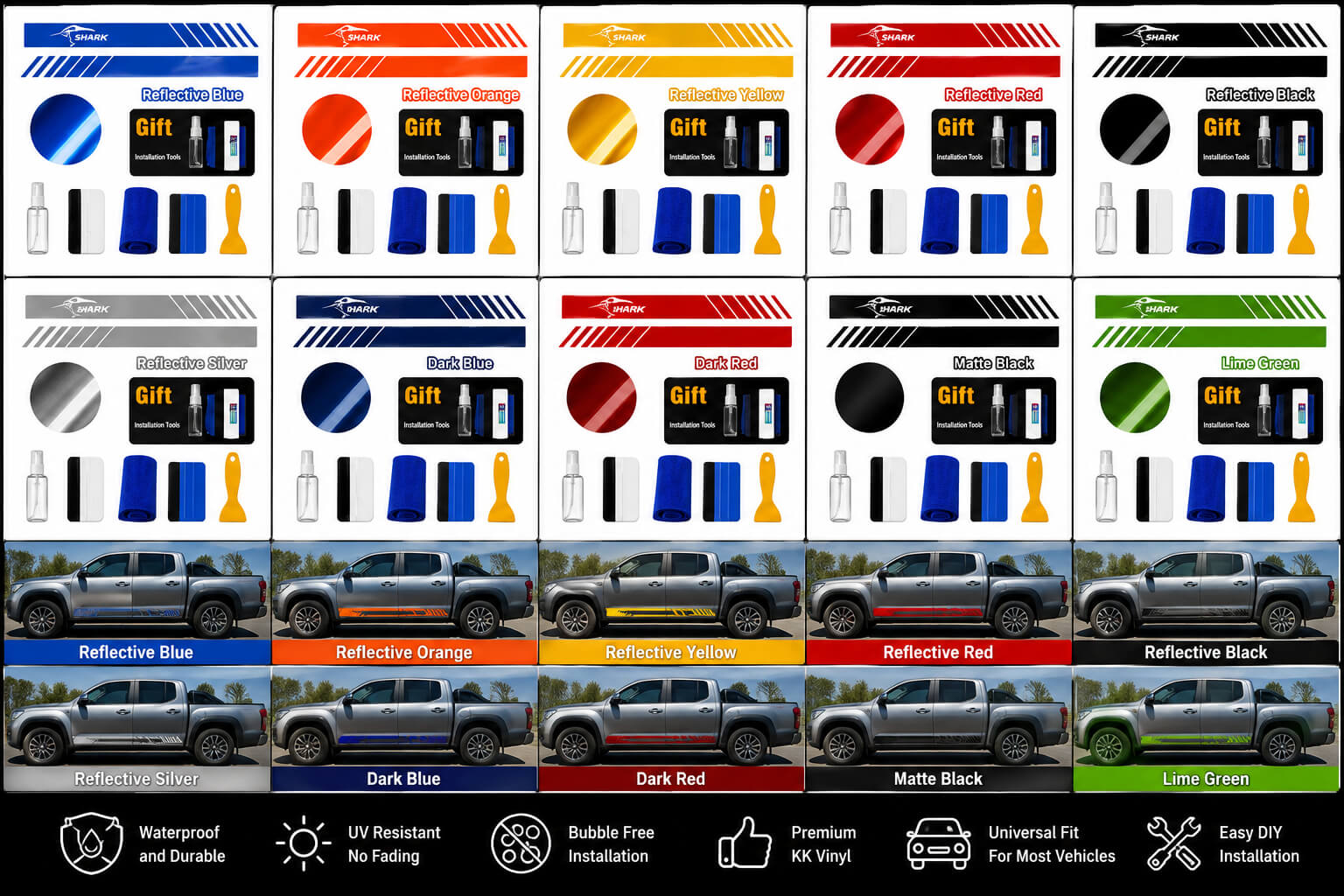 BYD Shark 6 carbon fiber door side stripe decals available in reflective blue, orange, yellow, red, black, matte black, silver and 5D carbon finishes
