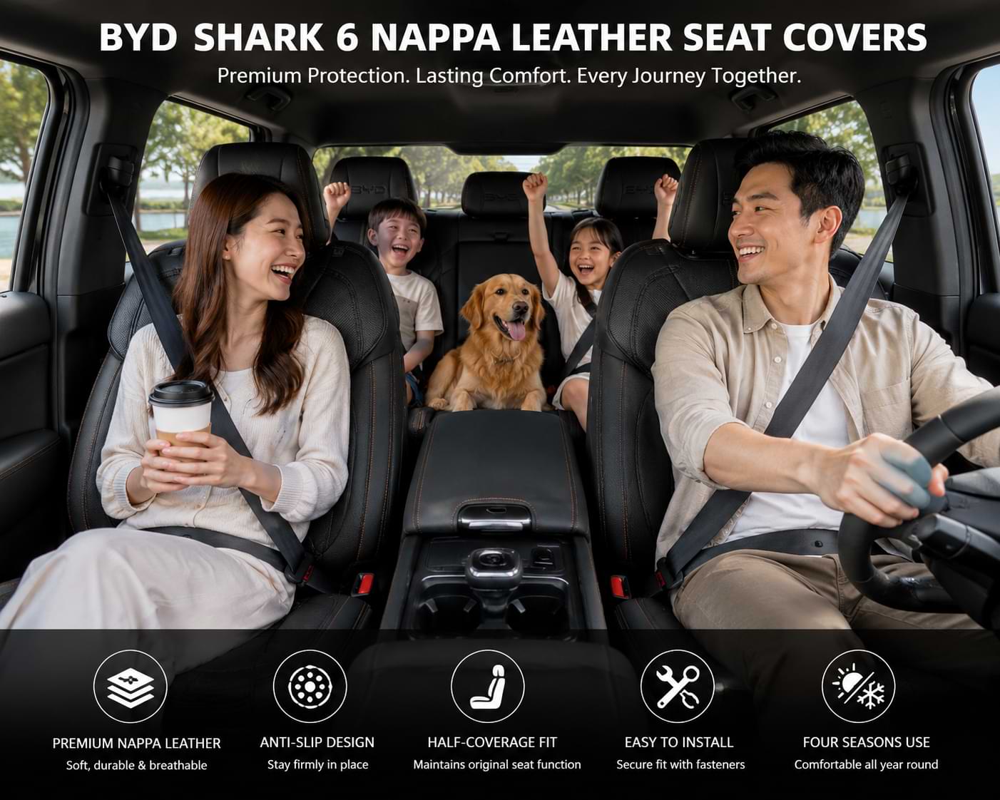 Family enjoying BYD Shark 6 interior with premium Nappa leather seat covers installed