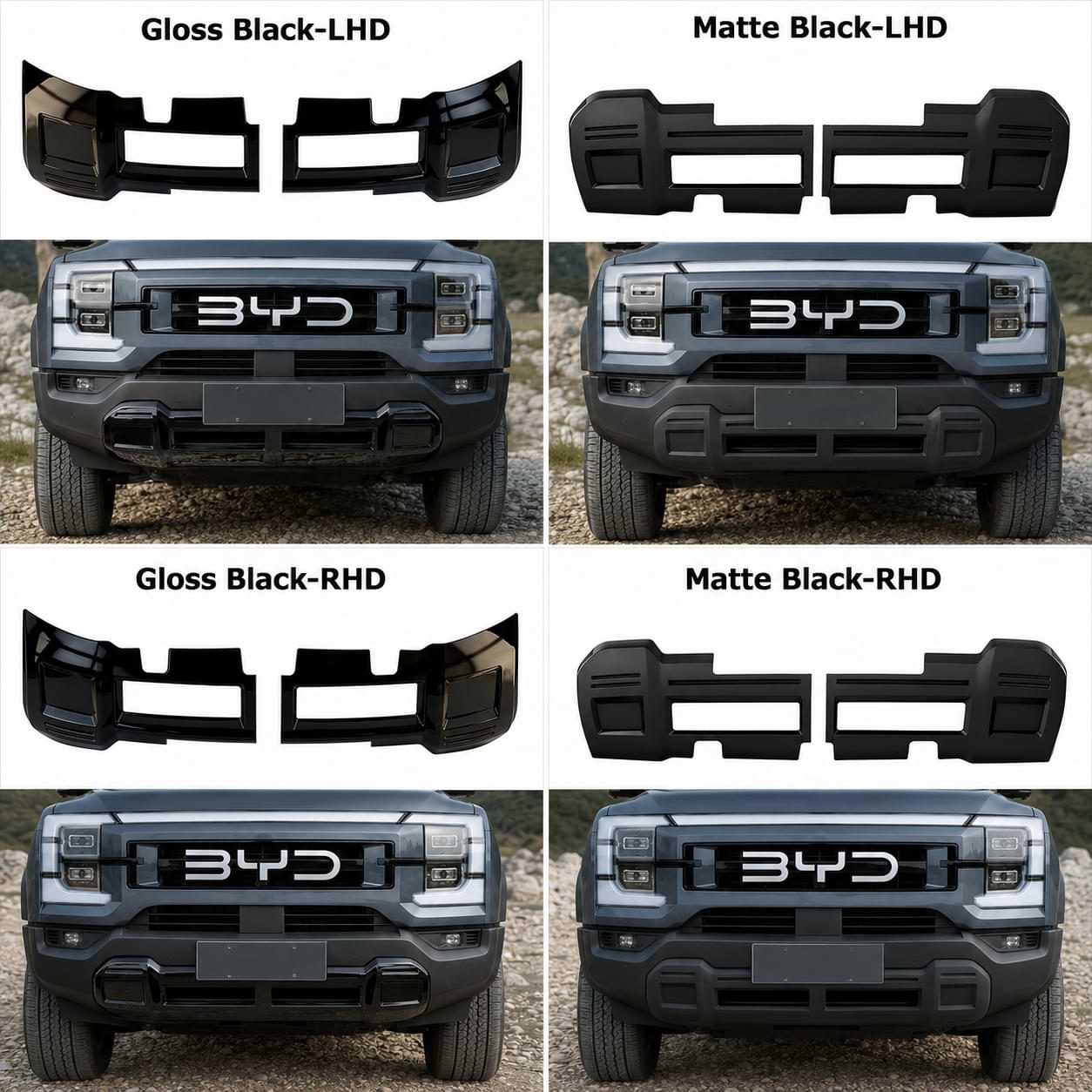 Comparison collage of gloss black and matte black front bumper lower guard plates for BYD Shark 6 in LHD and RHD versions