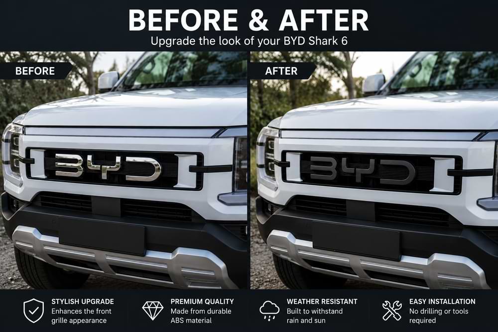 Before and after comparison of BYD Shark 6 front grille emblem badge upgrade with matte black 3D decal