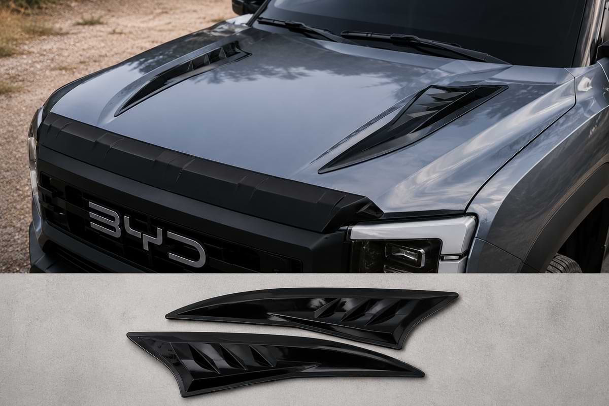 Gloss black hood trim decoration installed on BYD Shark 6 pickup truck