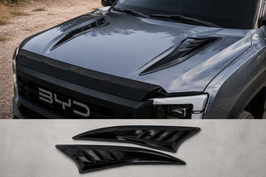 Gloss black hood trim decoration installed on BYD Shark 6 pickup truck