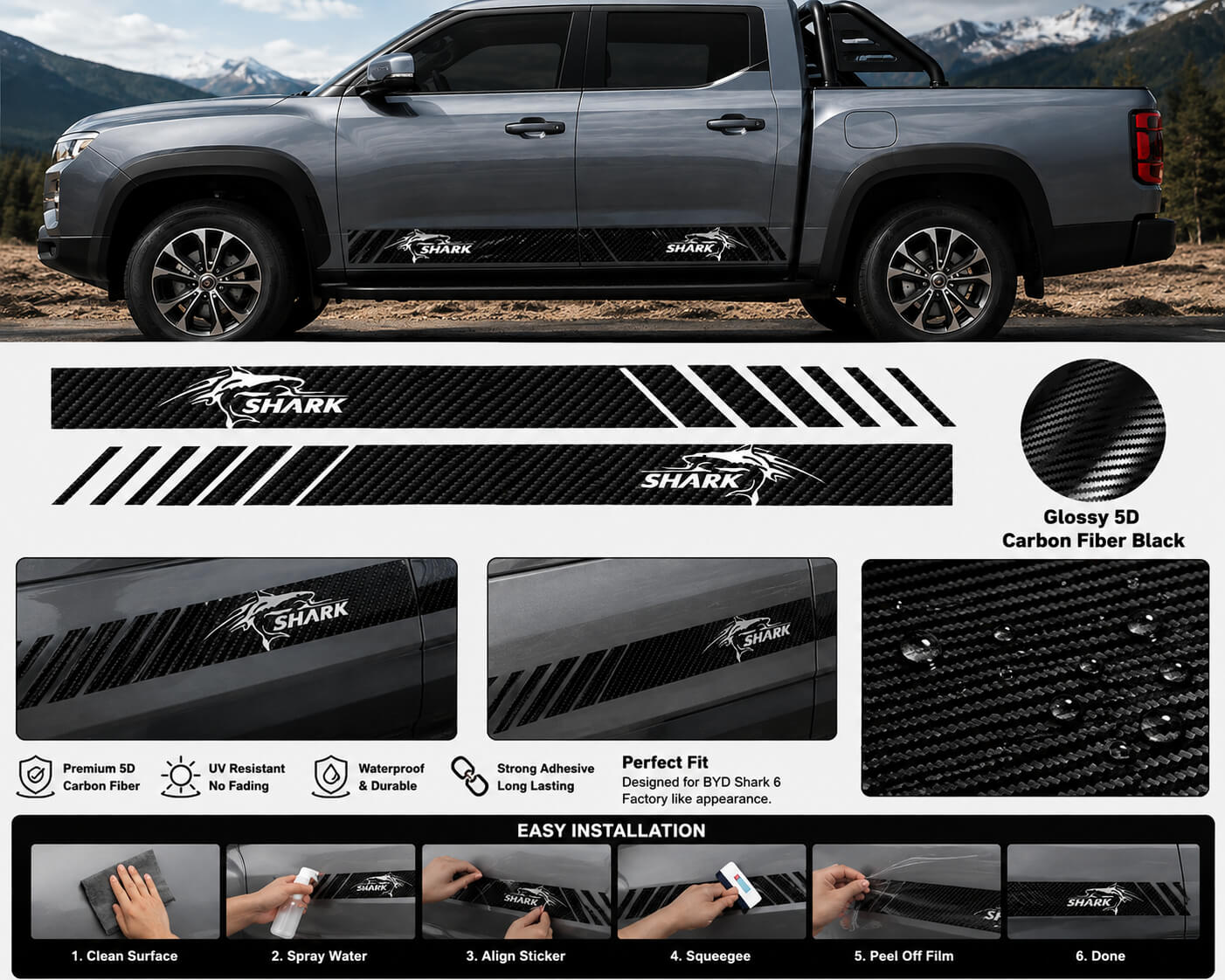 Glossy 5D carbon fiber door side stripe decals installed on BYD Shark 6 pickup truck with close-up texture and installation guide