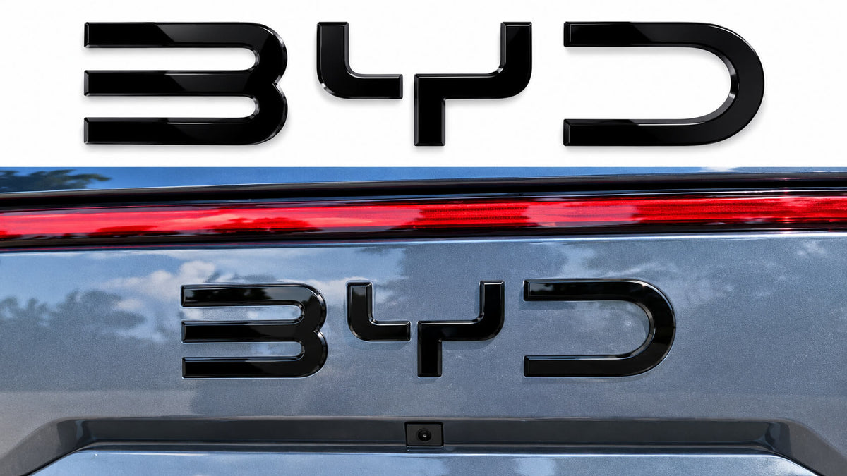 BYD Shark 6 glossy black 3D trunk logo sticker installed on rear tailgate