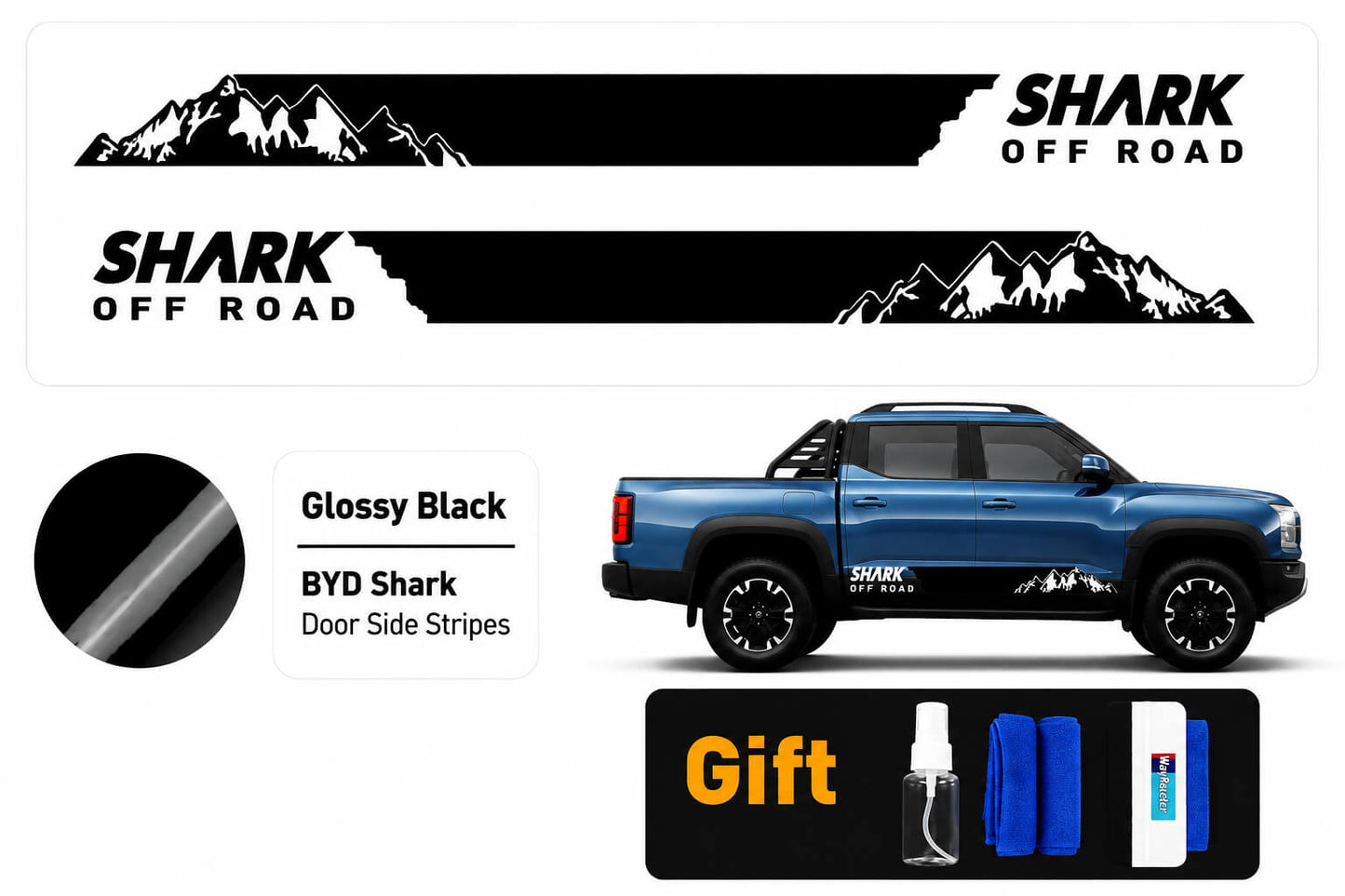 BYD Shark 6 Glossy Black Door Side Stripes Off-Road Decal