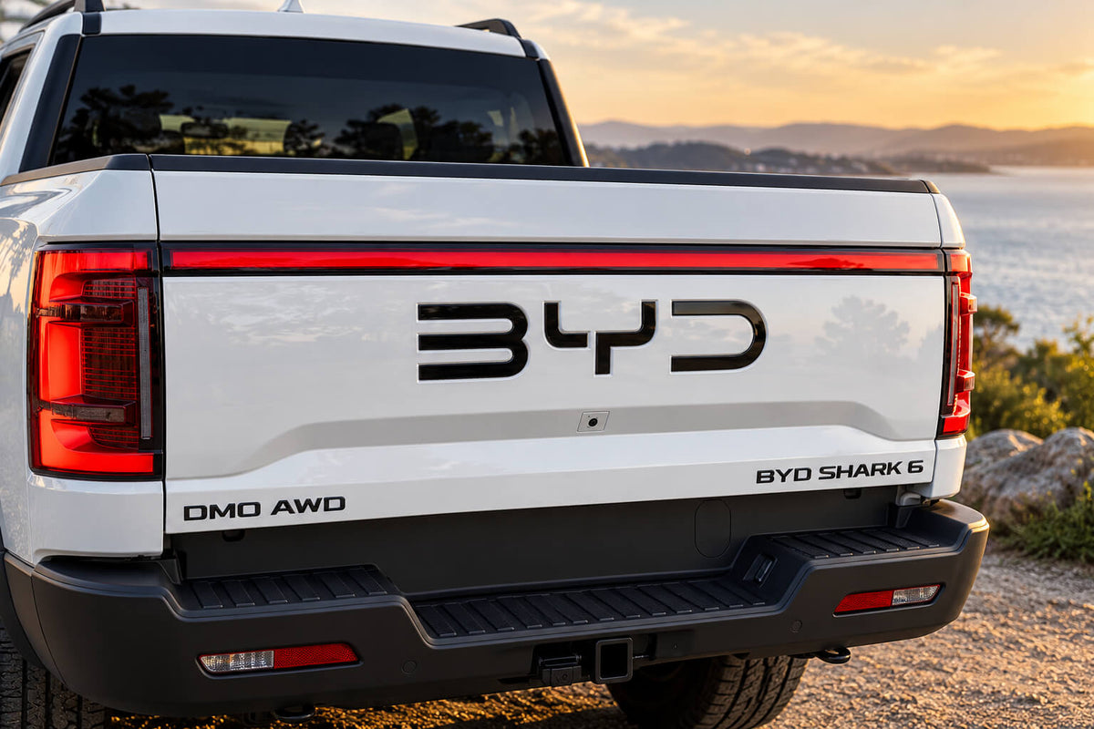 BYD Shark 6 glossy black trunk logo sticker installed on rear tailgate