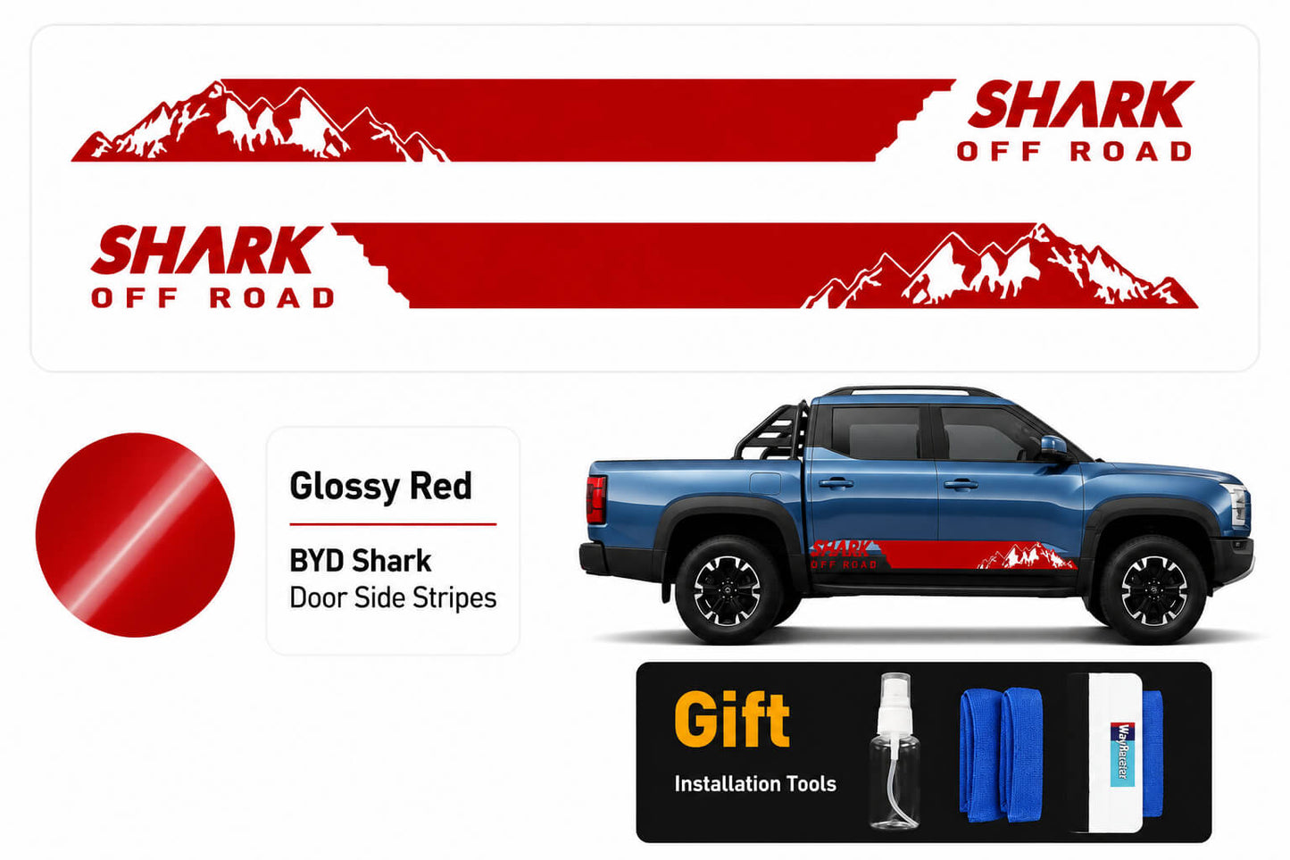 BYD Shark 6 Glossy Red Door Side Stripes Off-Road Decal