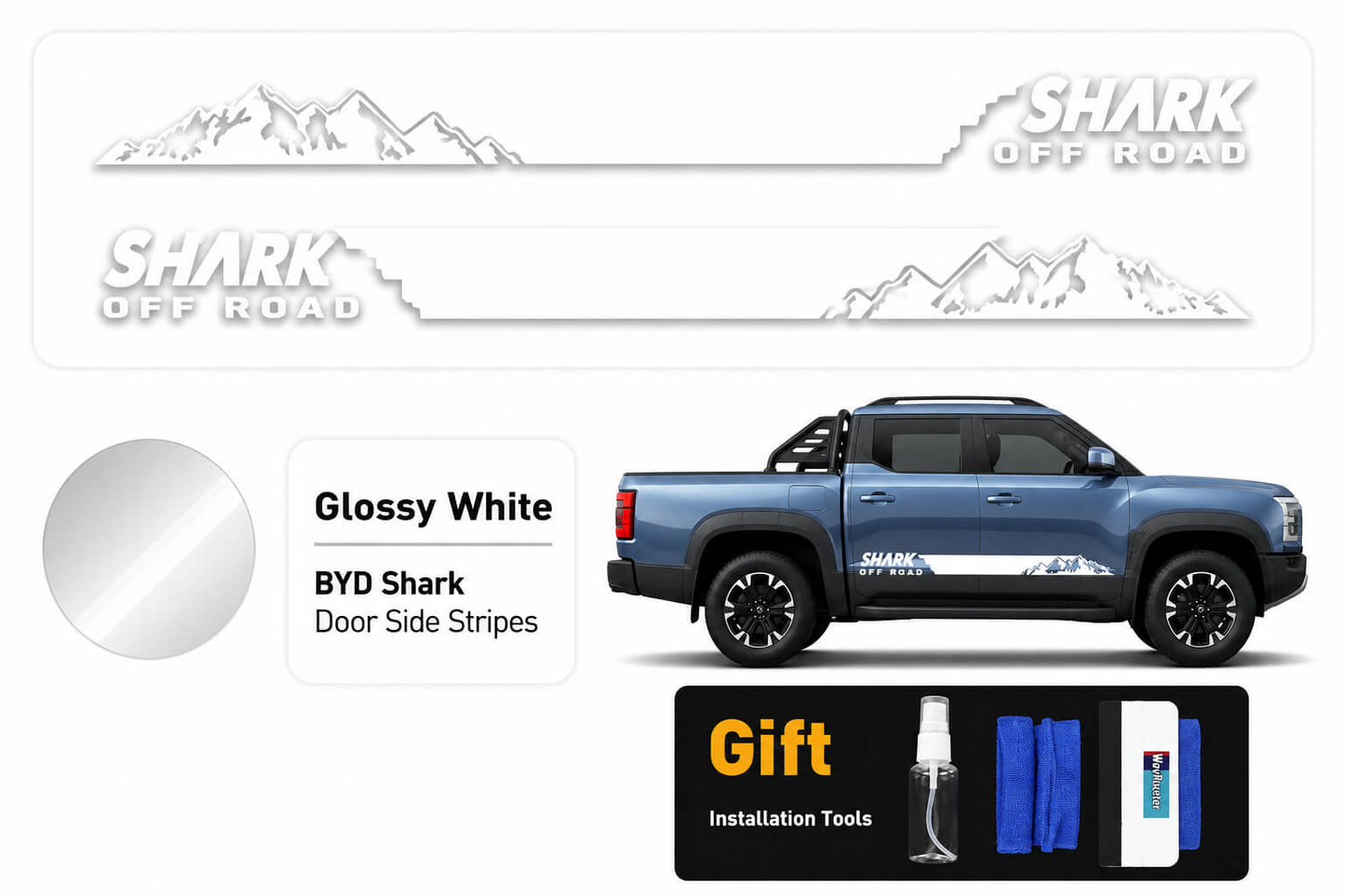 BYD Shark 6 Glossy White Door Side Stripes Off-Road Decal