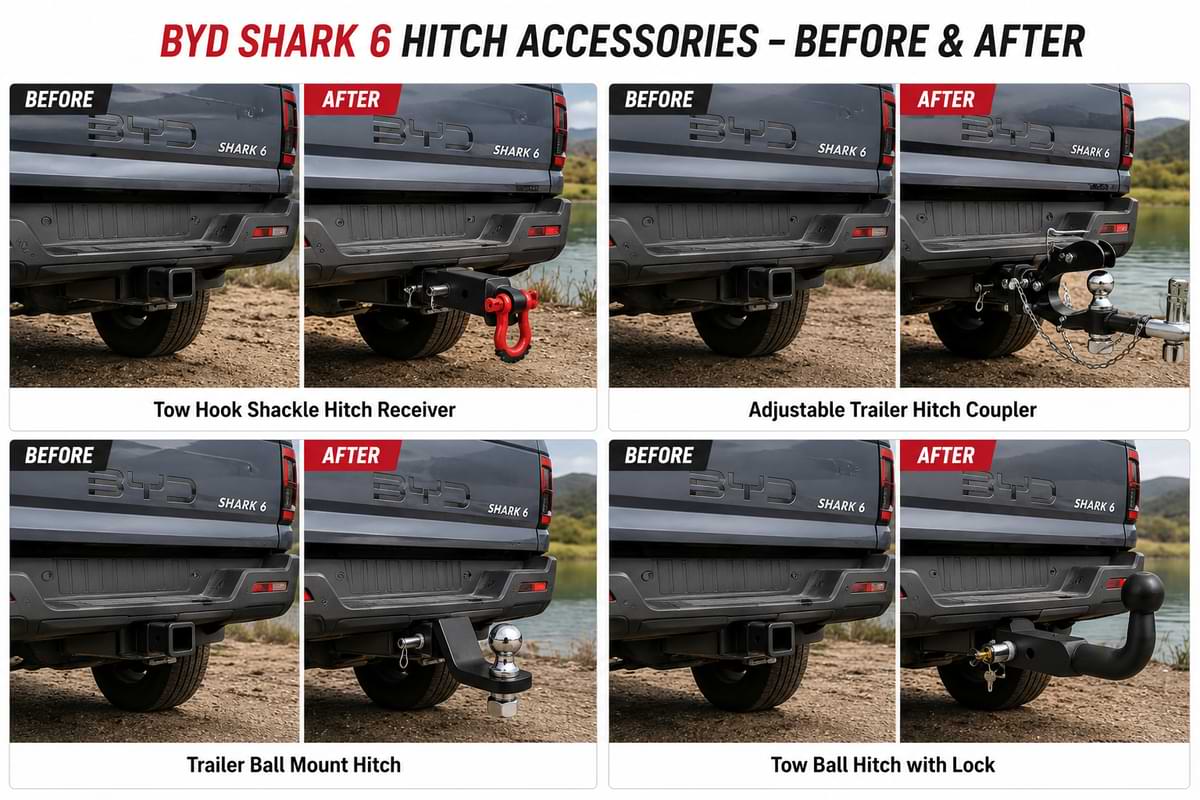 Before and after comparison of BYD Shark 6 trailer hitch accessories and towing upgrades