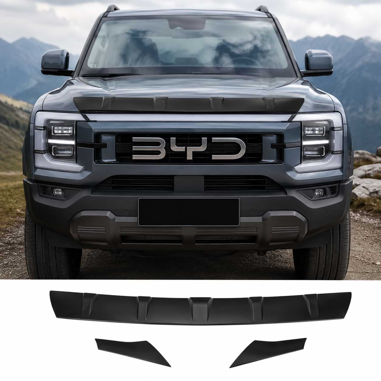 BYD Shark 6 front hood with matte black hood shield deflector and stone guard installed