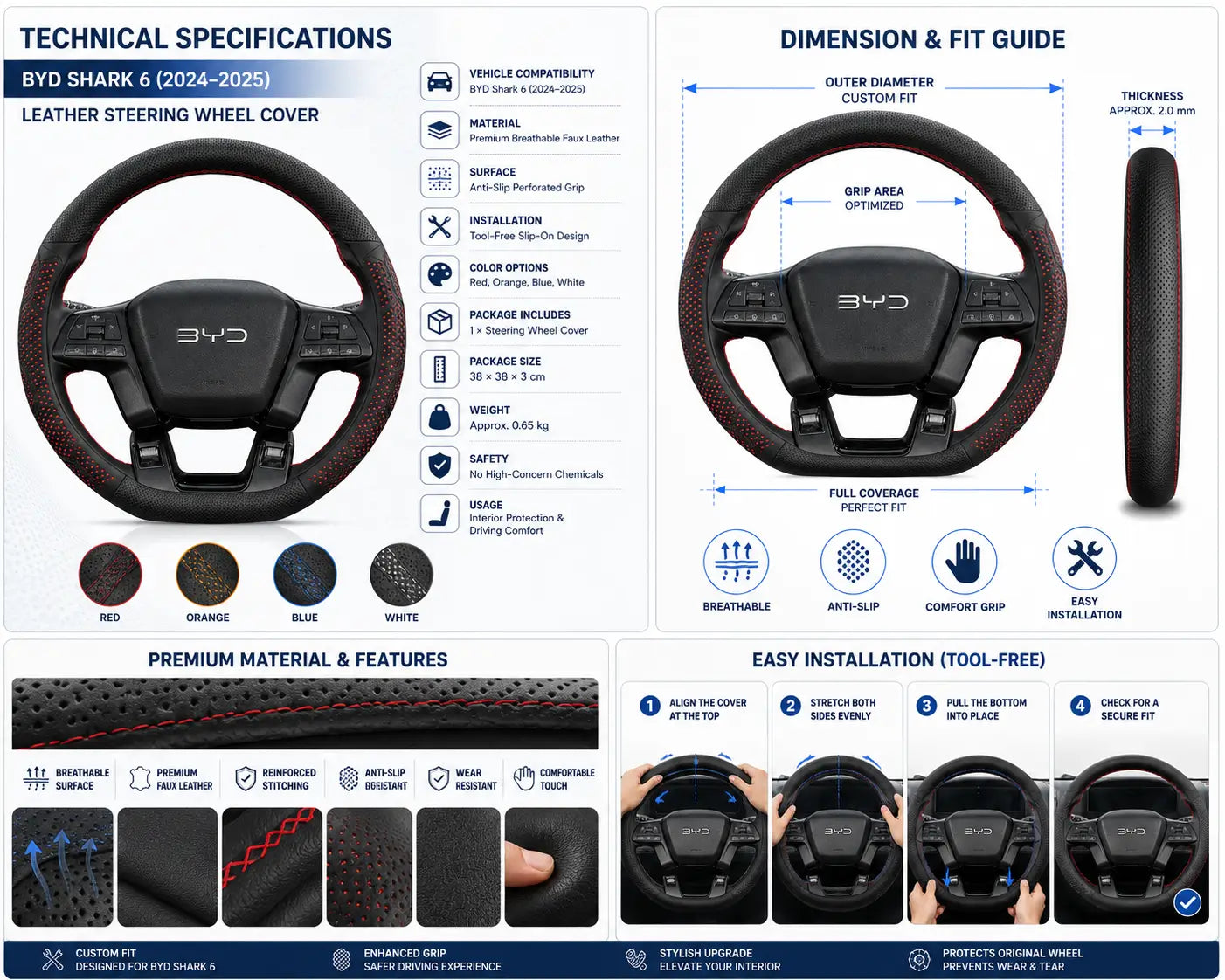 Technical specifications infographic for the BYD Shark 6 (2024–2025) leather steering wheel cover showing dimensions, materials, features, and installation guide.