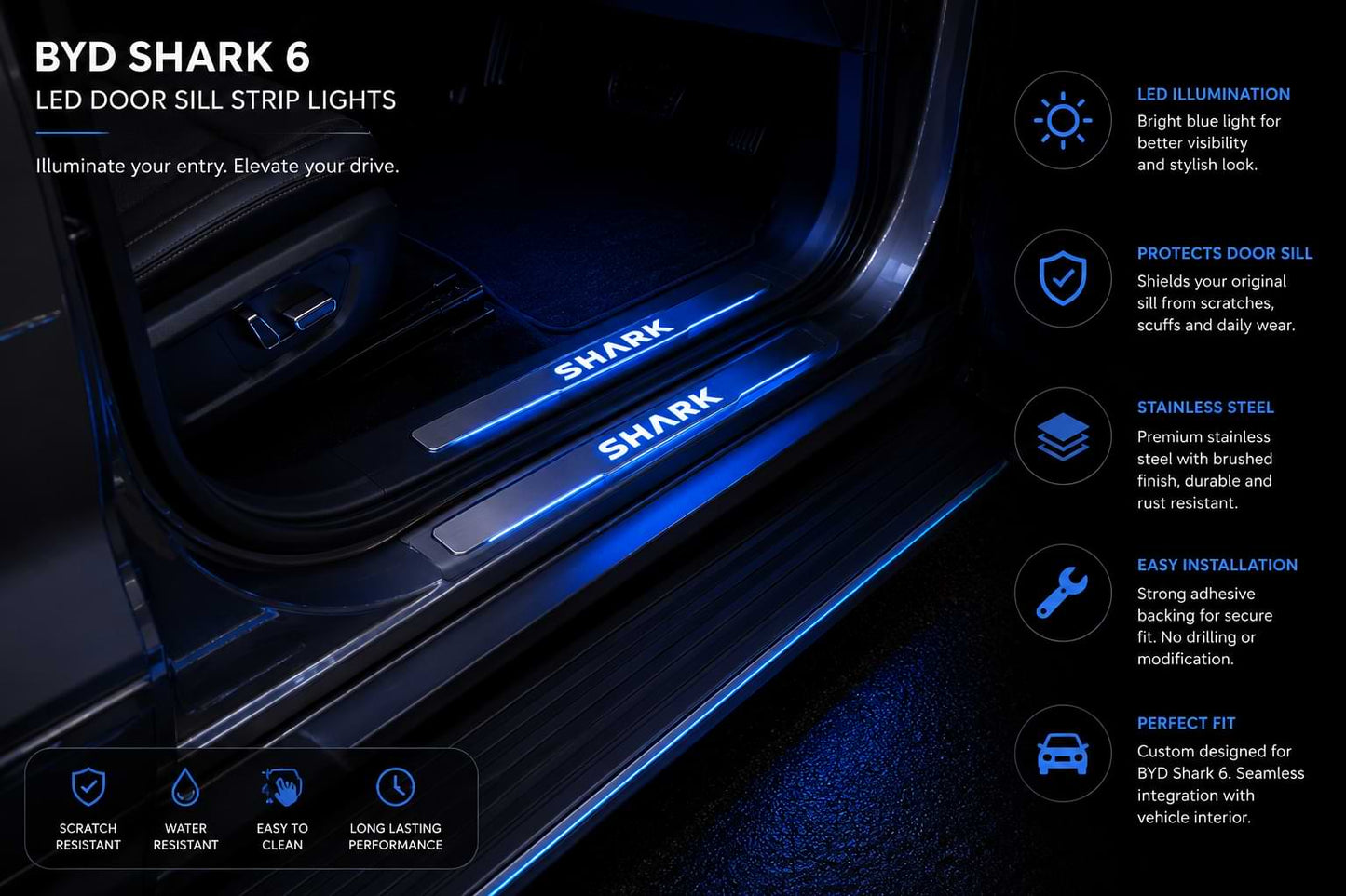 BYD Shark 6 LED door sill strip lights infographic showing illuminated stainless steel entry protection features