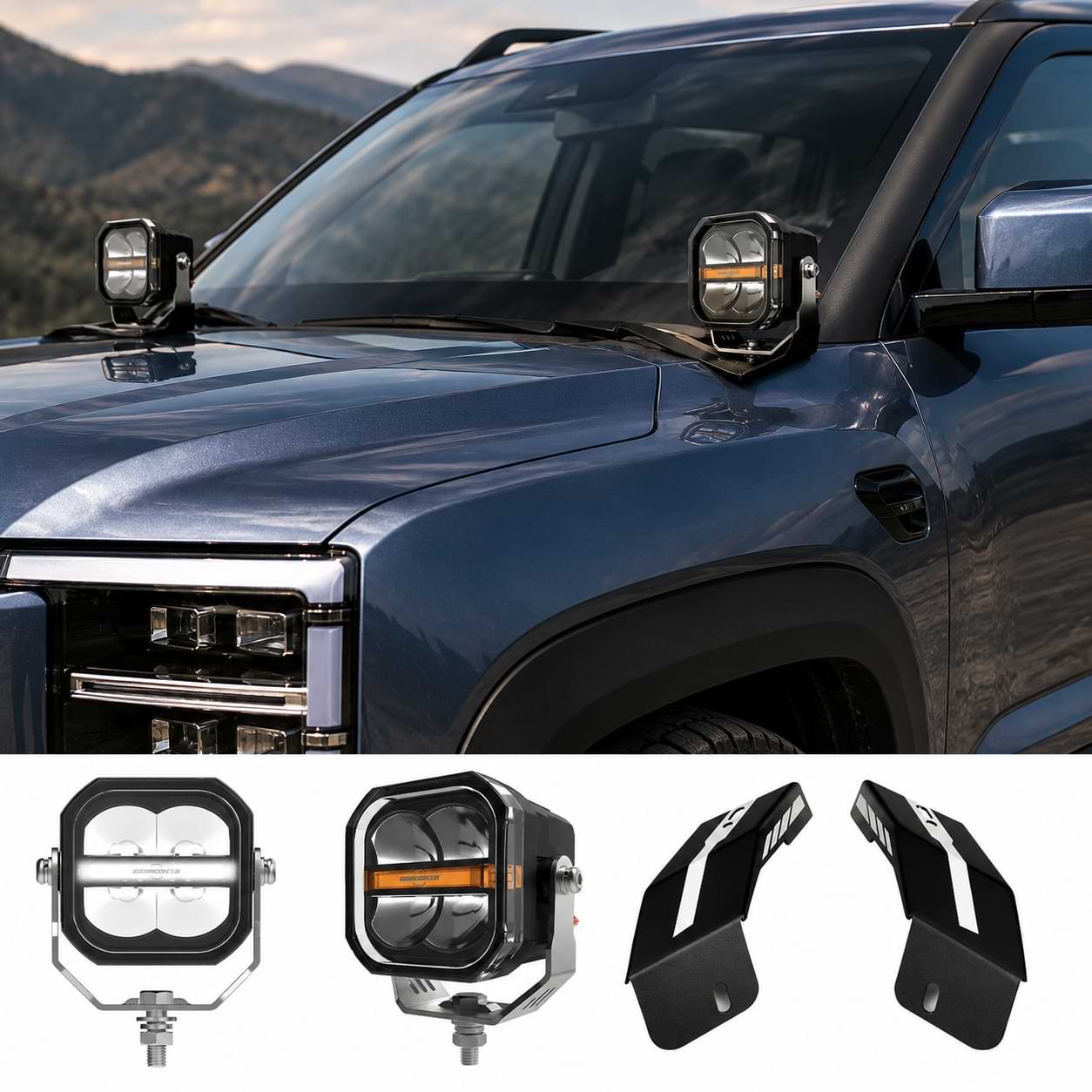 BYD Shark 6 off-road LED spotlight kit with A-pillar hood brackets installed on blue pickup truck
