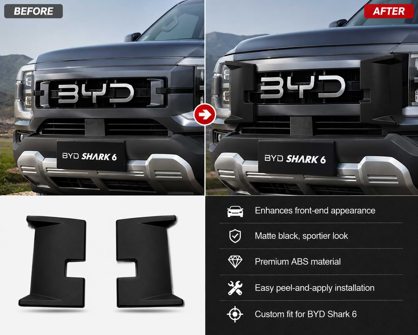 Compare gloss black and matte black grille side panel covers for BYD Shark 6. Premium ABS exterior accessories designed for stylish front-end customization and easy installation.