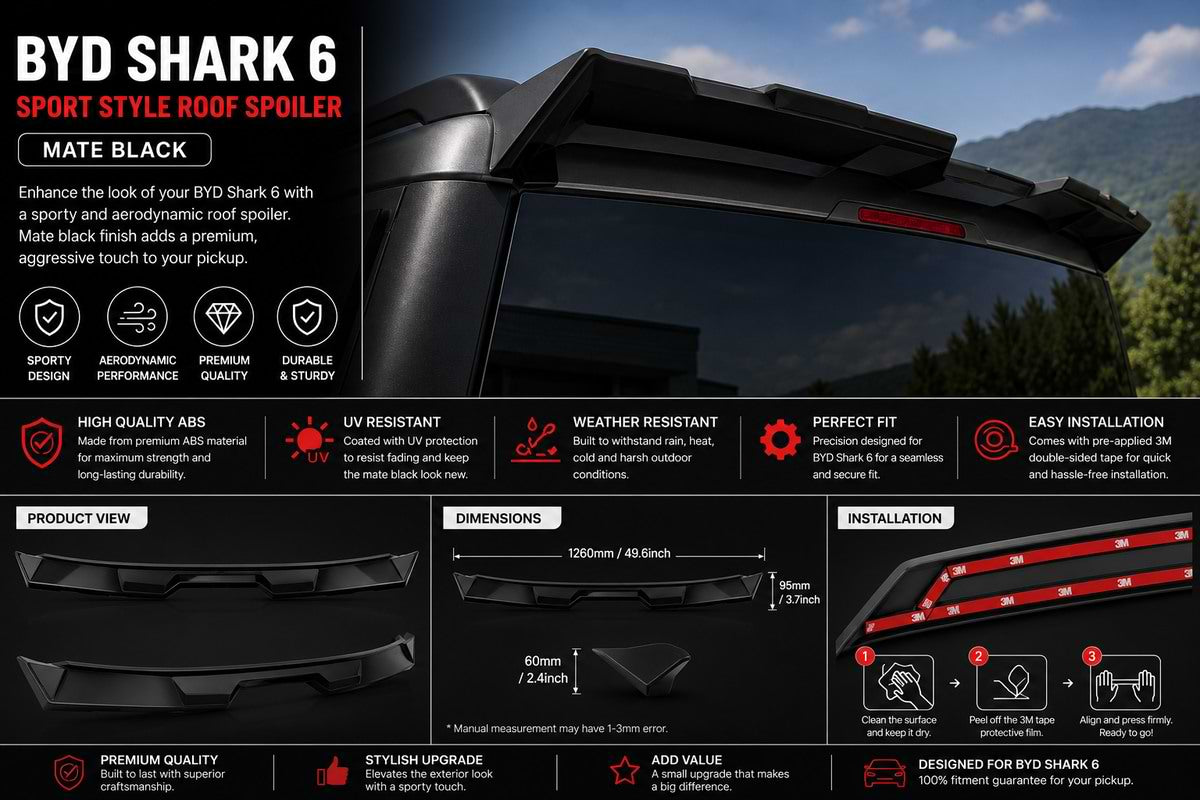 BYD Shark 6 matte black sport style roof spoiler installed above rear window