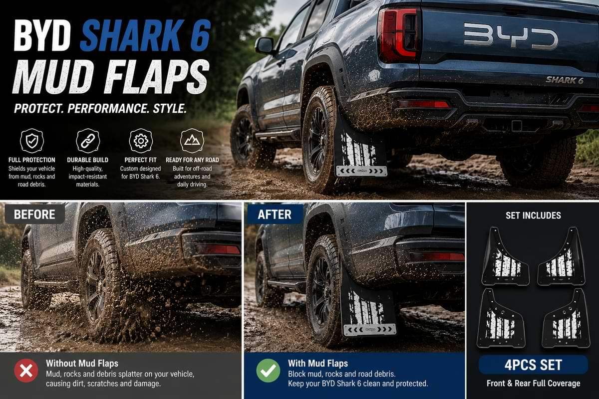 BYD Shark 6 mud flaps before and after comparison in muddy off-road driving conditions