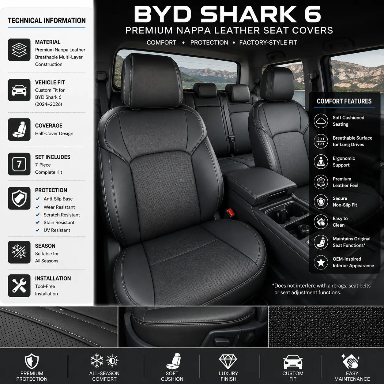 BYD Shark 6 Nappa Leather Half Seat Covers | Anti-Slip Seat Protectors (2024–2026)