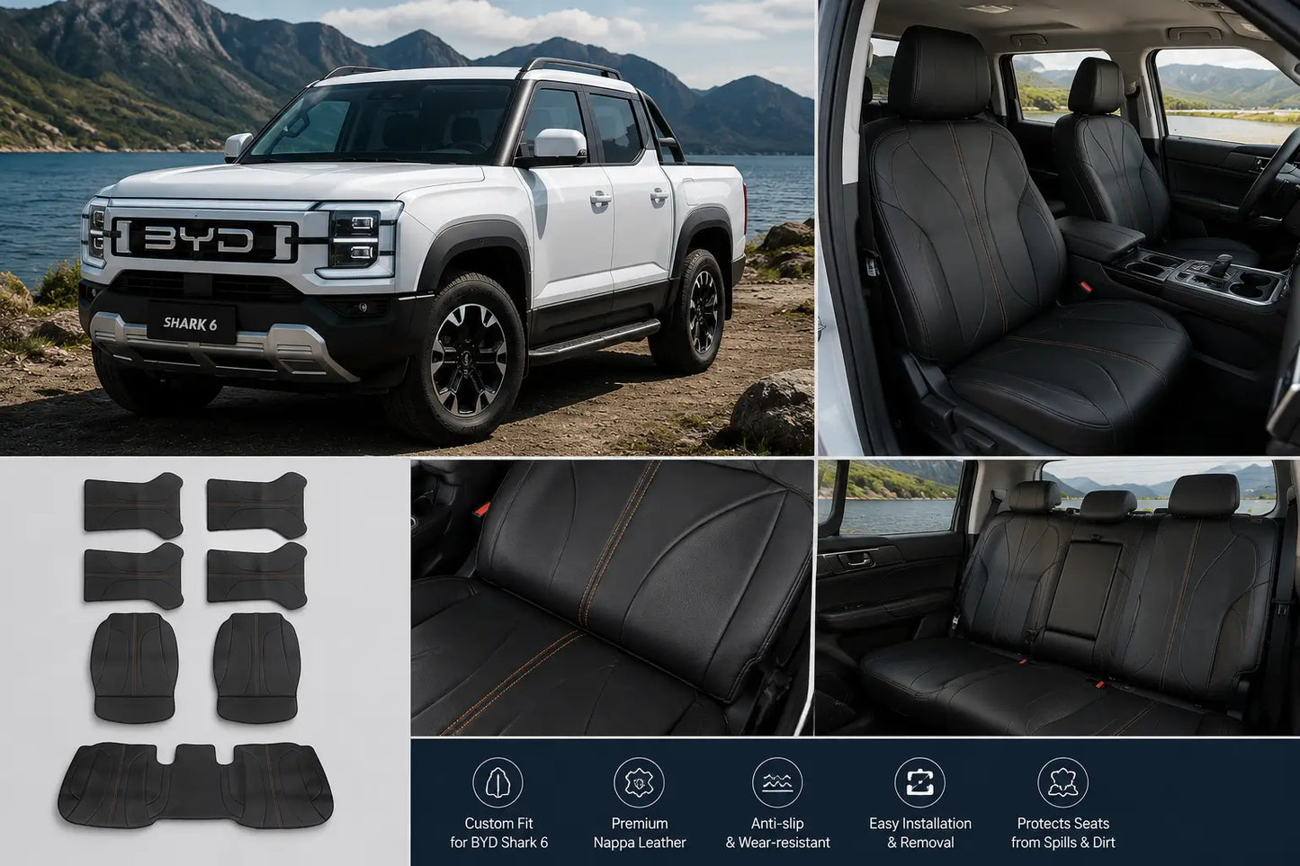 BYD Shark 6 Nappa Leather Half Seat Covers Anti-slip Front and Rear Seat Cushion Protectors