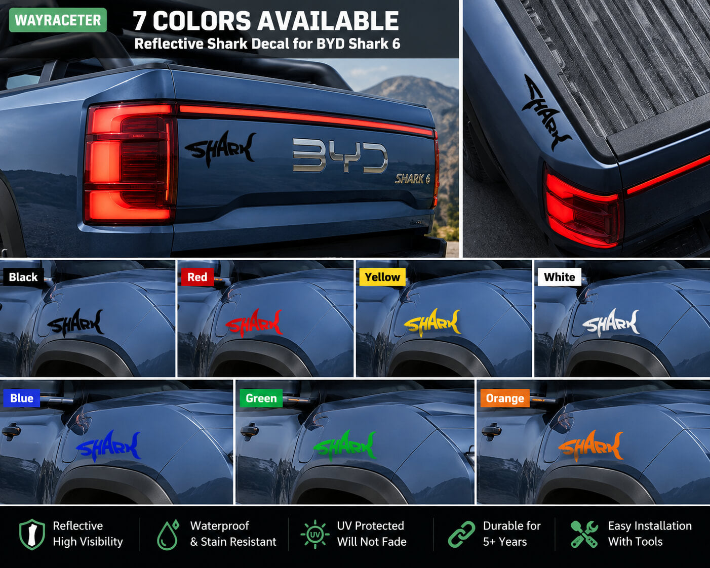 BYD Shark 6 reflective shark decal available in seven colors