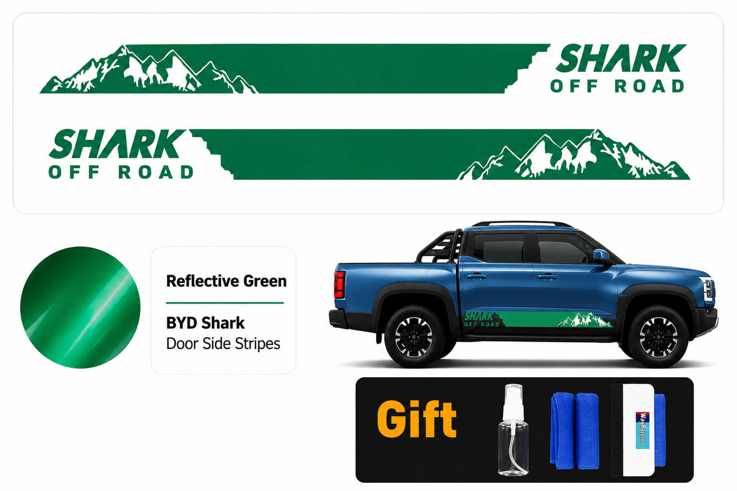 BYD Shark 6 Reflective Green Door Side Stripes Off-Road Decal
