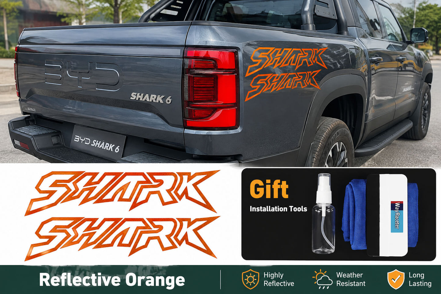 BYD Shark 6 Reflective Orange SHARK Sticker Installed