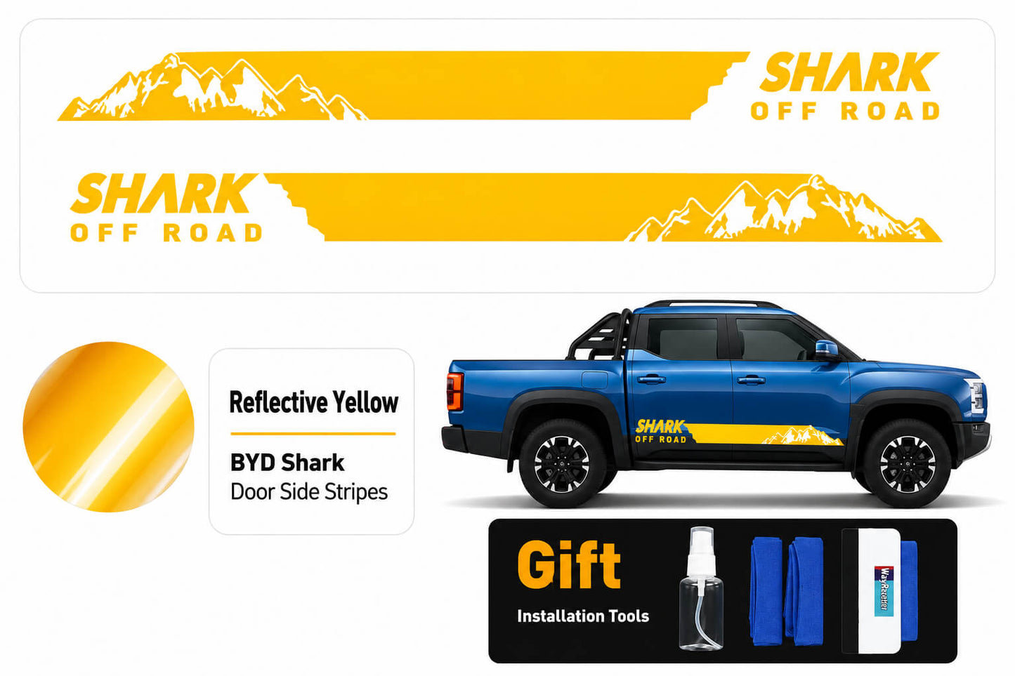 BYD Shark 6 Reflective Yellow Door Side Stripes Off-Road Decal