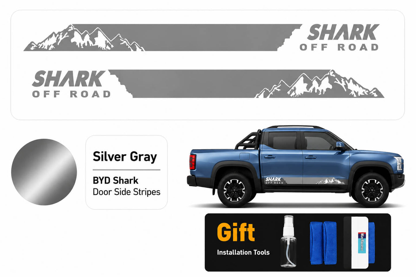 BYD Shark 6 Silver Gray Door Side Stripes Off-Road Decal