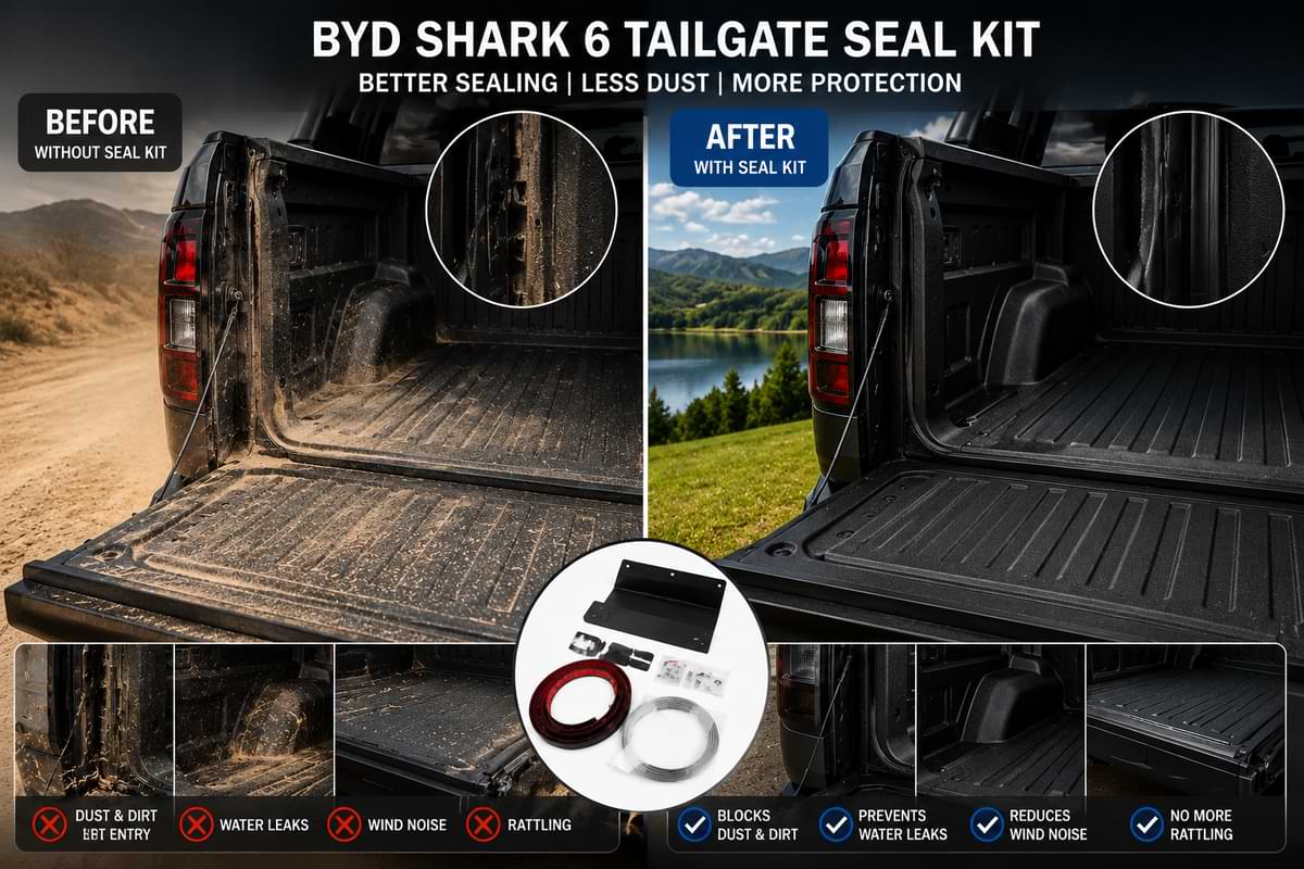 Before and after comparison of BYD Shark 6 tailgate seal kit showing reduced dust, improved weatherproofing, and cleaner truck bed