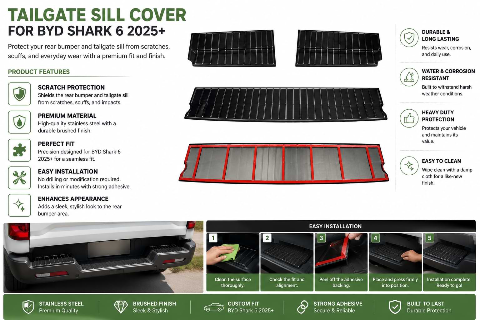 Installation guide infographic for BYD Shark 6 tailgate sill cover rear bumper protector