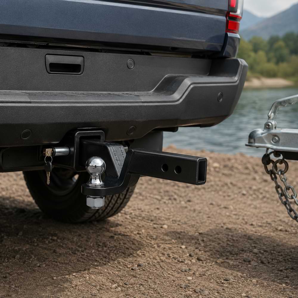 Trailer ball mount hitch receiver installed on BYD Shark 6 rear towing setup near lakeside