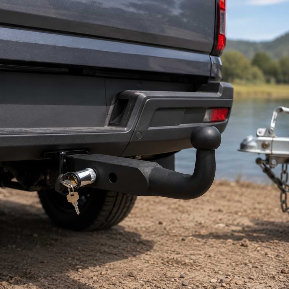 Black trailer tow ball hitch with locking pin installed on BYD Shark 6 rear towing setup