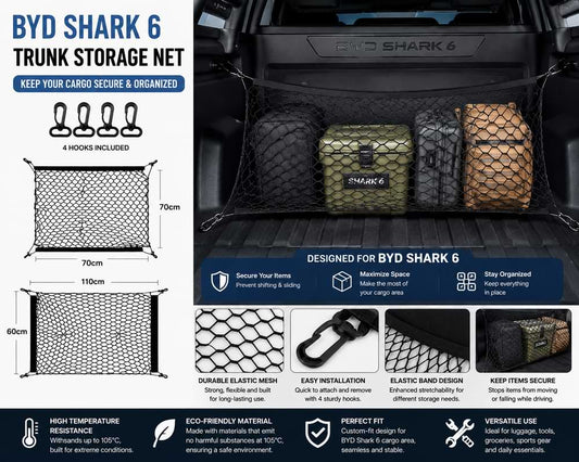 BYD Shark 6 trunk storage net organizer securing luggage and cargo inside BYD Shark 6 cargo area