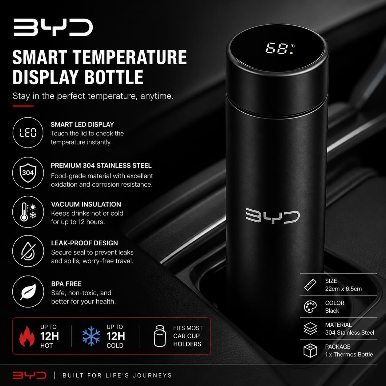 Premium BYD smart temperature display bottle designed for everyday travel, work, and outdoor use.