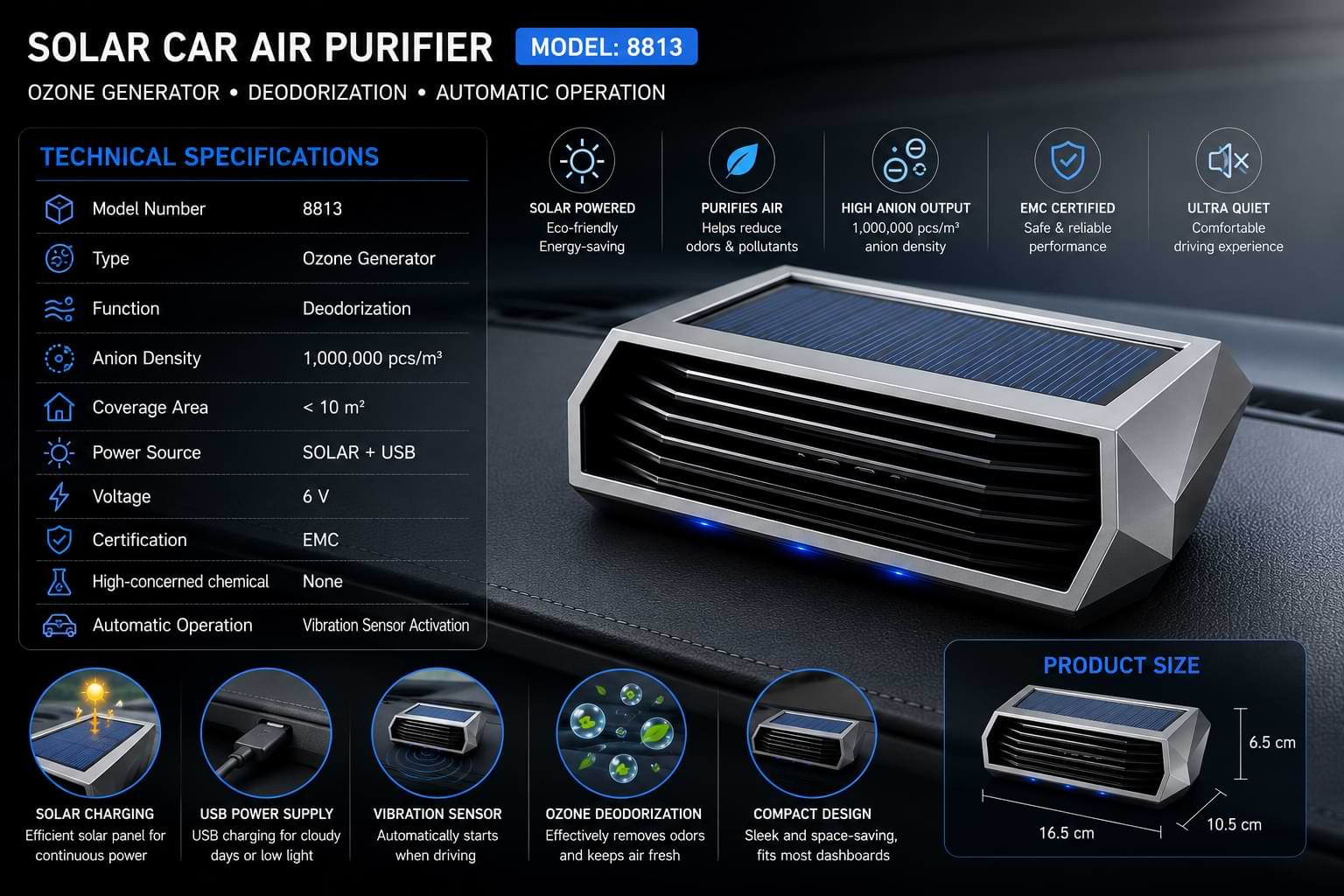 Solar-powered car air purifier model 8813 showing ozone deodorization, 1,000,000 anions per cubic meter output, USB charging, and 6V operation.