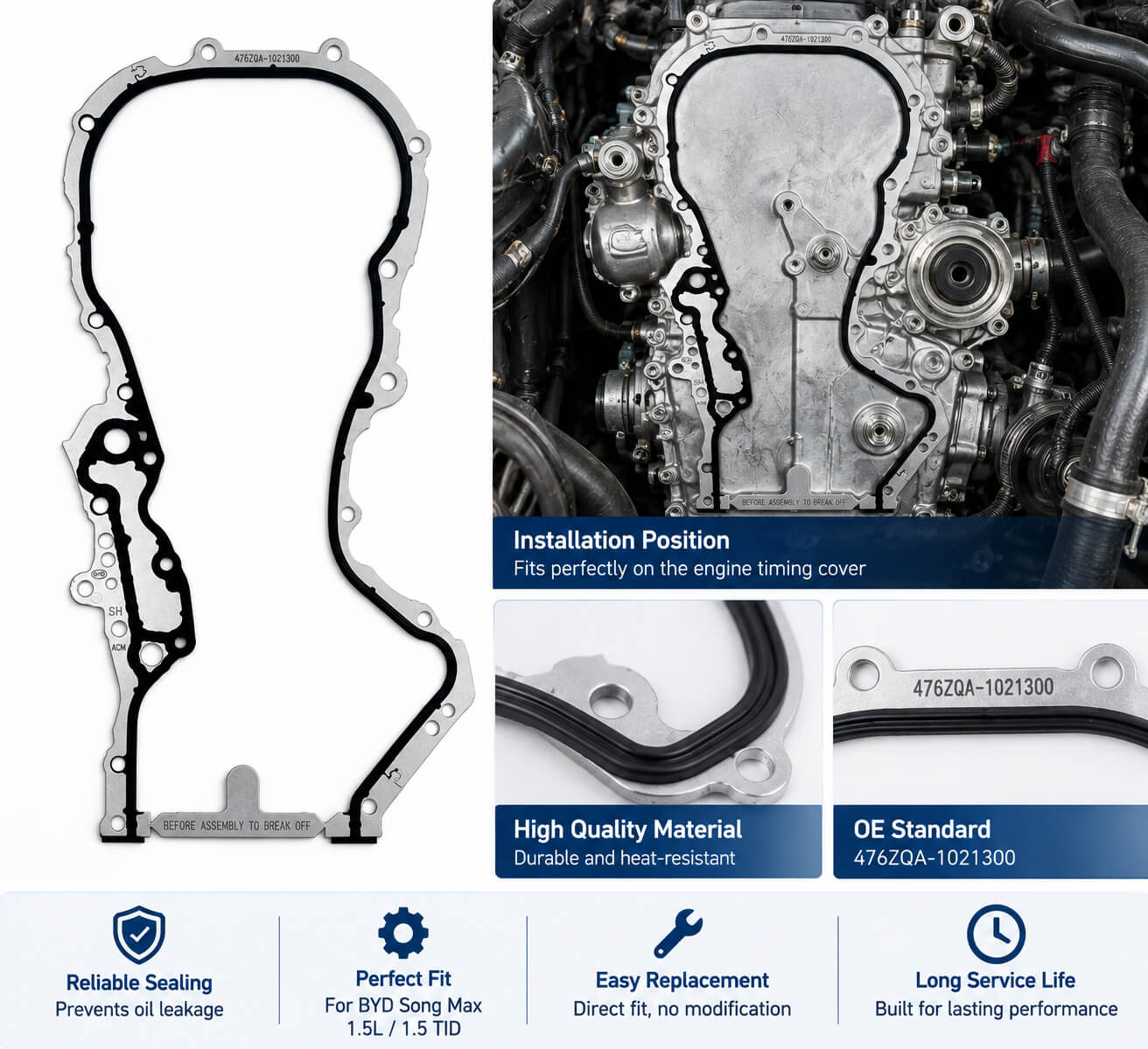 Practical installation view of the timing cover gasket for BYD Song Max 1.5L and 1.5 TID EU Version.