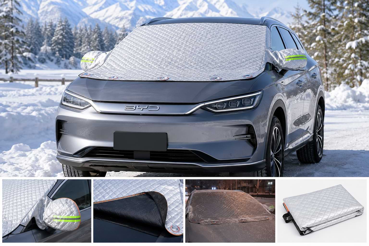 BYD Song Plus DM-i SUV parked in snowy conditions with a silver windshield snow cover and mirror protectors installed for winter weather protection.